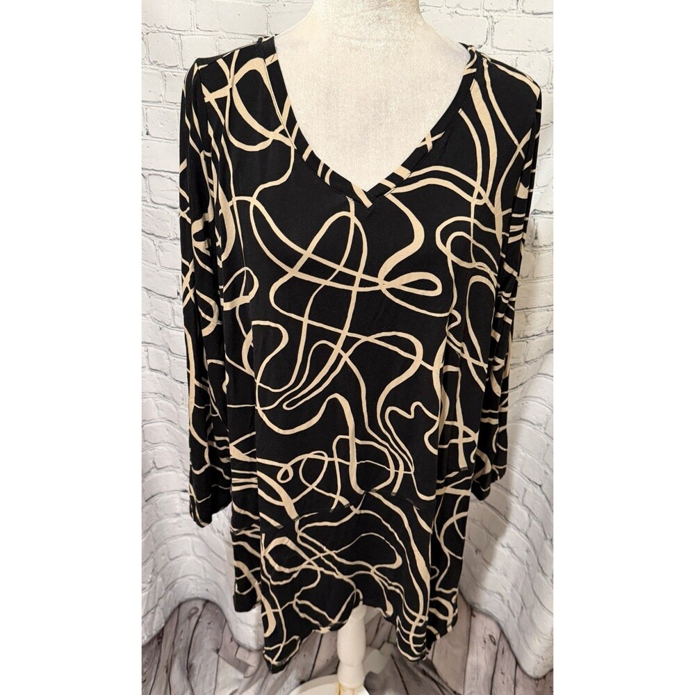LOGO by Lori Goldstein Rayon Scribble Print V-Neck Top Tunic Black Size 1X QVC